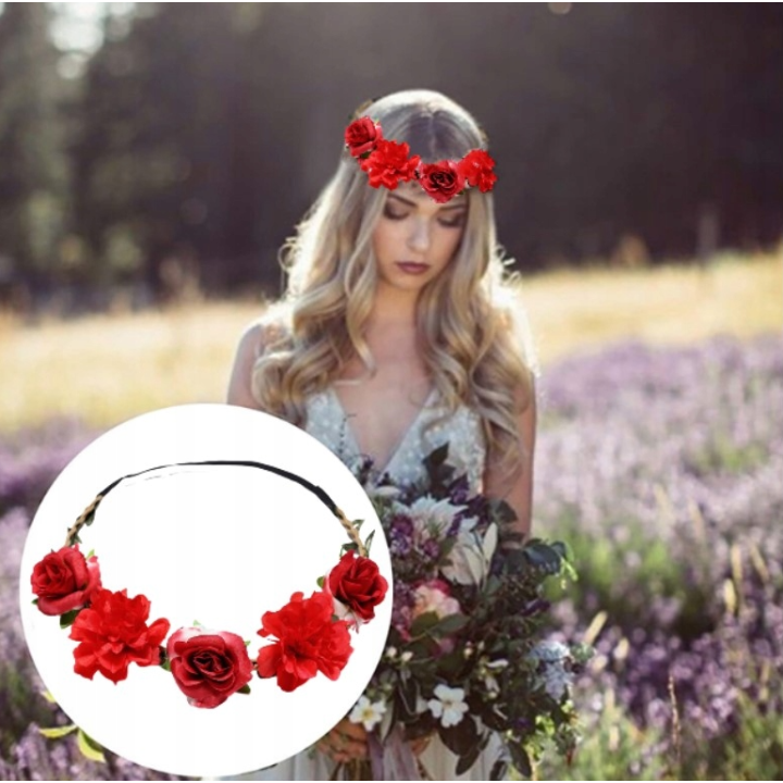 OPASKA WIANEK NA GŁOWĘ BOHO CZERWONE KWIATY LETNIE [48U]