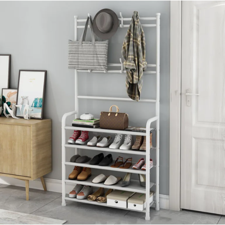 STOJAK NA BUTY Z WIESZAKIEM NA UBRANIA BIAŁY 172X80X26 [D-W4]