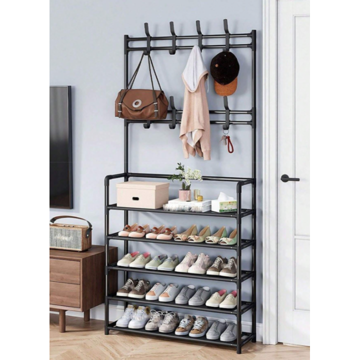 STOJAK NA BUTY Z WIESZAKIEM NA UBRANIA CZARNY 172X80X26 [D-W3]